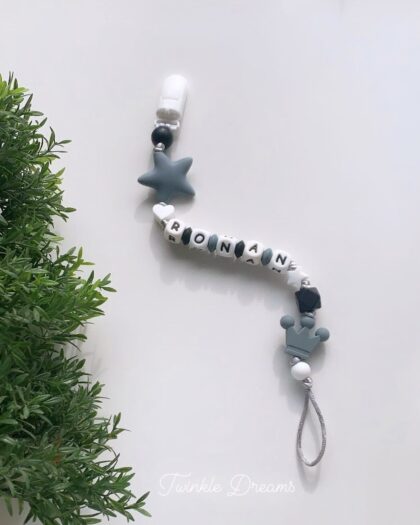 grey baby boy pacifier holder